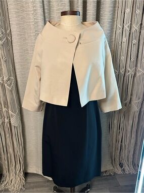Gorgeous Elegant Cream Cropped Jacket over Black Midi Dress